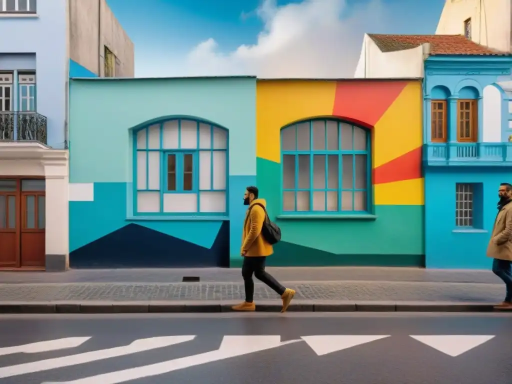 Arte urbano revitalizando zonas olvidadas: Murales vibrantes en una calle de Uruguay, llenos de color y detalles culturales