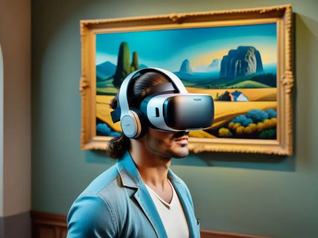 Fusión de arte uruguayo: cuadro clásico con casco de realidad virtual, realzando la experiencia