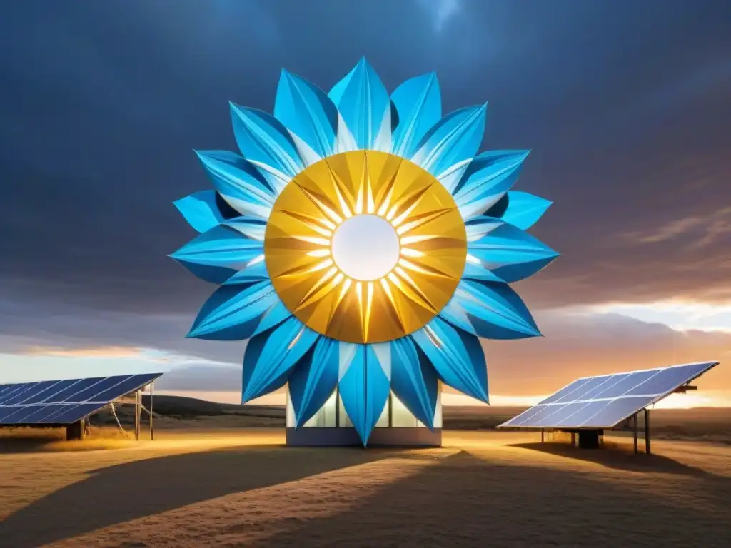 Un artefacto de arte contemporáneo uruguayo energías renovables, con materiales reciclados iluminados por el atardecer dorado