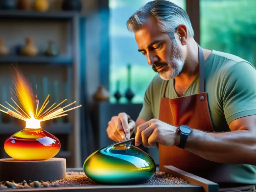 Artesano en Uruguay creando escultura de vidrio contemporánea con técnica de soplado, rodeado de herramientas y vidrios coloridos