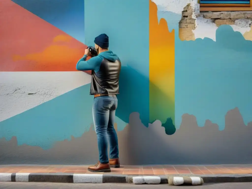 Un artesano restaura un mural contemporáneo en una pared urbana de Uruguay, mostrando la preservación del arte contemporáneo Uruguay