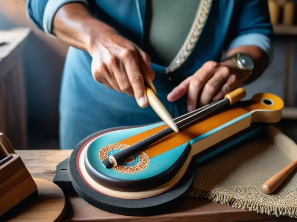 Un artesano uruguayo experto invirtiendo en equipo artístico, creando un instrumento tradicional con materiales locales