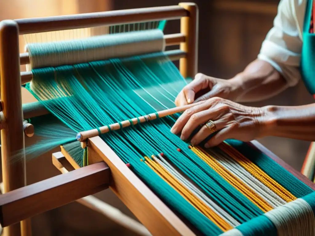 Hábil artesano uruguayo tejiendo hilos coloridos en telar de madera, fusionando innovación con tradición en arte textil