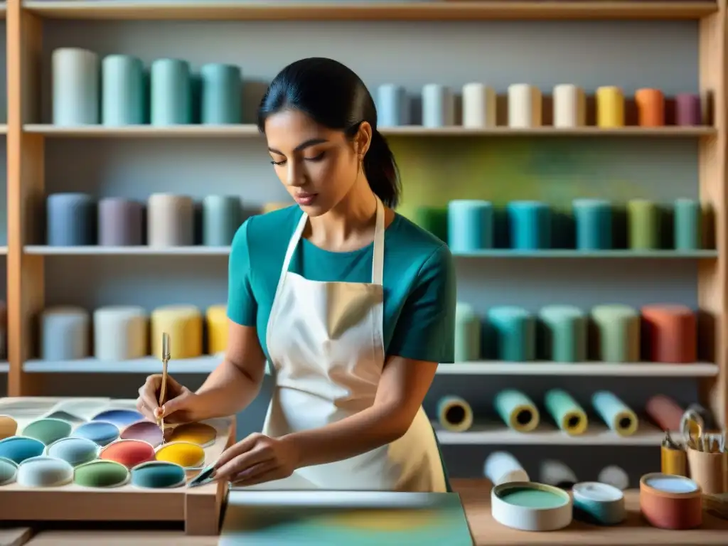 Artista restaurando arte contemporáneo con precisión en Uruguay, rodeado de colores y herramientas