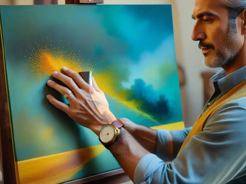 Artista en Uruguay restaurando con delicadeza una pintura centenaria, revelando colores vibrantes y detalles intrincados