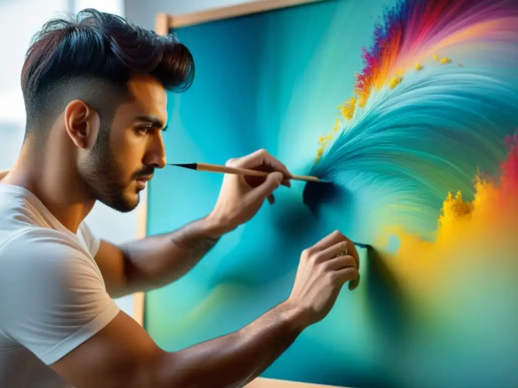 Artista uruguayo creando arte vibrante con pasión Artista emergente de Uruguay concentrado aplicando trazos detallados en lienzo brillante en estudio iluminado, expresando pasión y creatividad