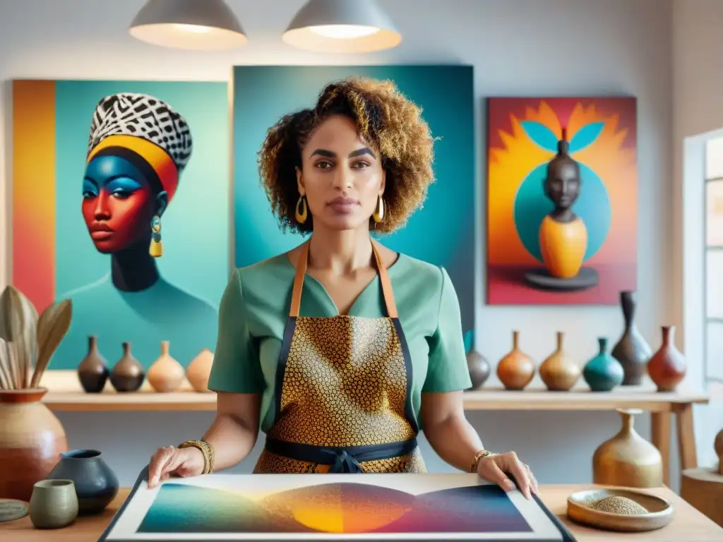 Artista uruguaya en estudio con influencia religiosa africana, creando obras vibrantes