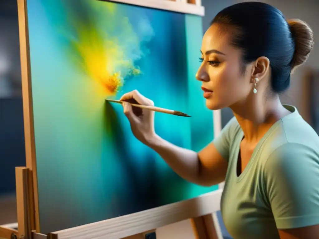 Artista restaurando con ética una pintura contemporánea, rescatando colores vibrantes y detalles intrincados