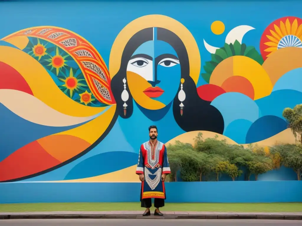 Artista indígena uruguayo frente a mural vibrante que fusiona tradición y modernidad en arte contemporáneo en Uruguay