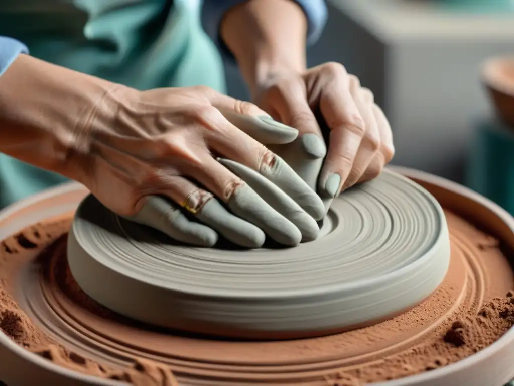 Un artista joven y enfocado moldea con pasión una pieza de arcilla en un taller de cerámica arte uruguayo