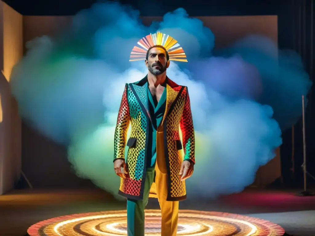 Artista de performance en Uruguay con traje multicolor reciclado, rostro pintado y escenario iluminado