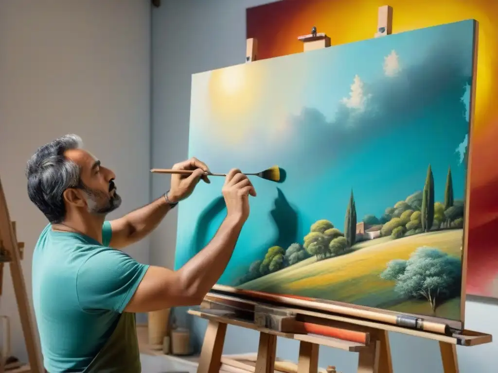 Artista restaurando pintura contemporánea uruguaya con delicadeza y maestría en estudio iluminado, rodeado de herramientas de trabajo