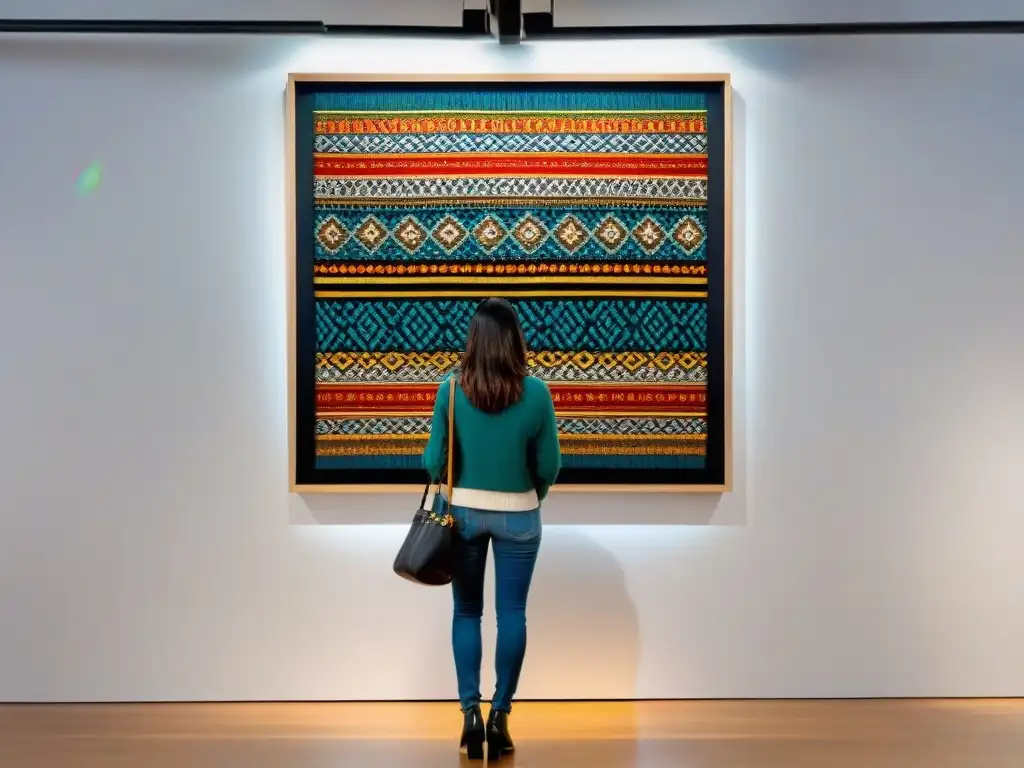 Artista uruguaya transformando textiles con técnicas tradicionales y modernas en una galería de arte contemporáneo