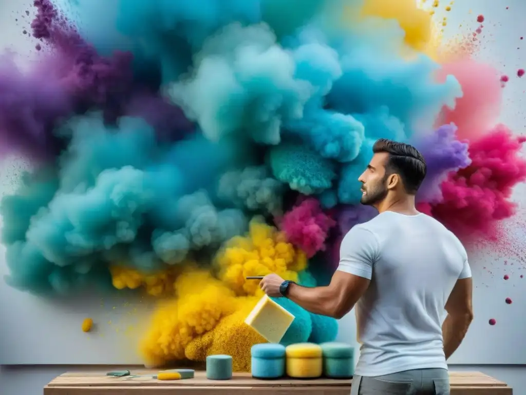 Artista uruguayo aplicando colores vibrantes en un lienzo usando técnicas innovadoras y herramientas poco convencionales