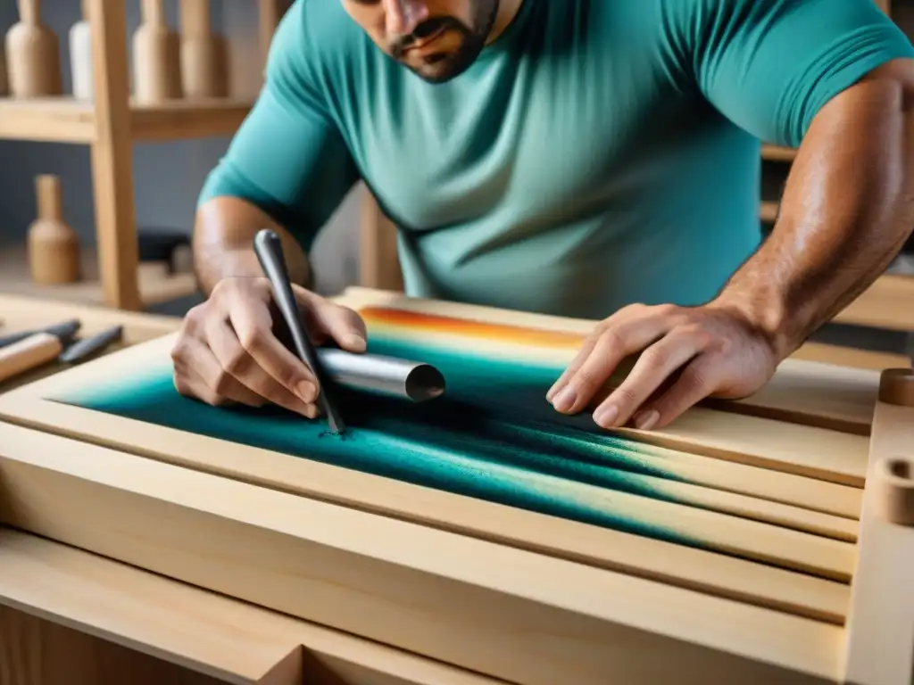 Un artista uruguayo contemporáneo tallando detalles en madera rodeado de herramientas, fusionando xilografía tradicional y moderna