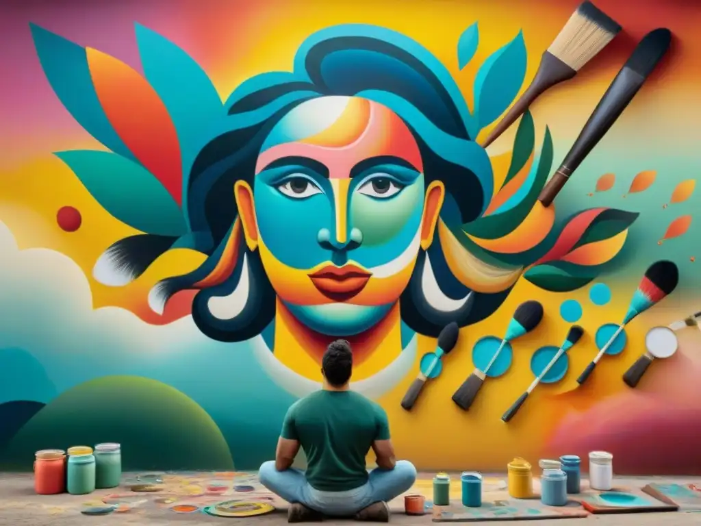 Un artista uruguayo contemporáneo creando un mural enérgico y detallado, con símbolos místicos y colores vibrantes