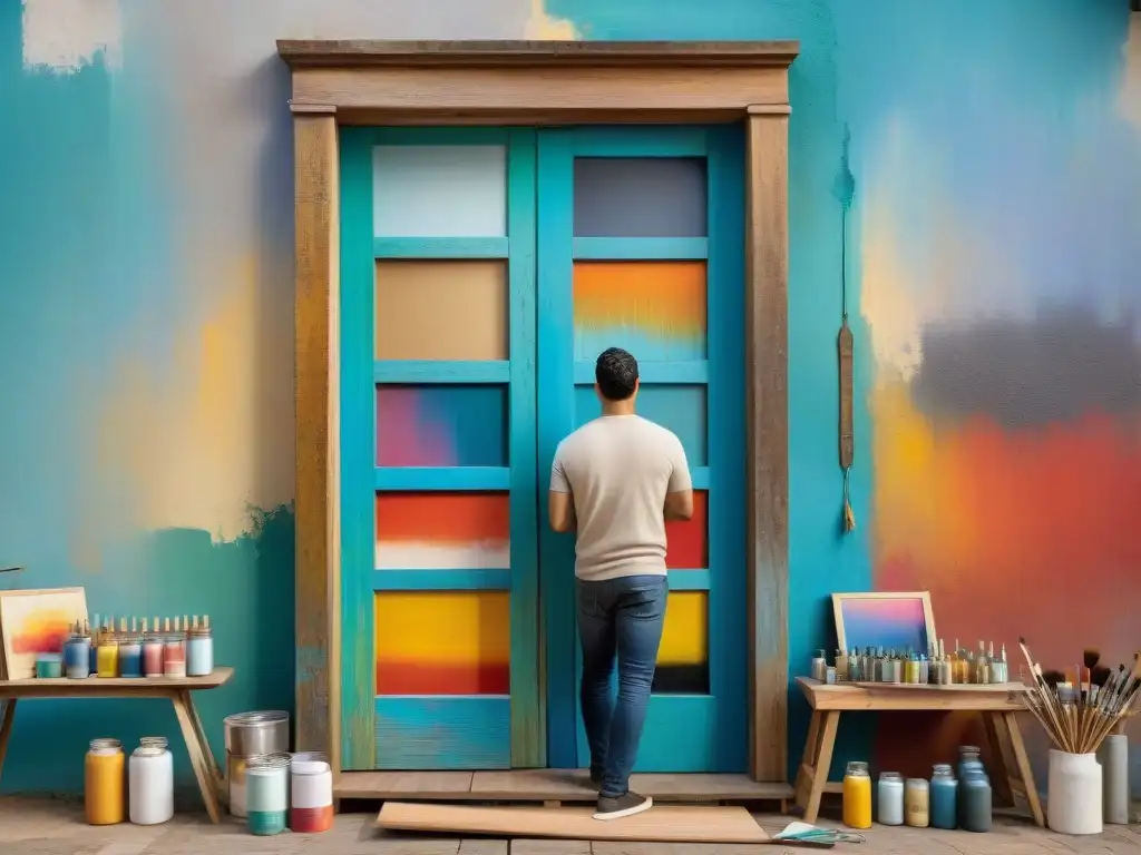 Un artista uruguayo contemporáneo pinta en una puerta de madera antigua en su estudio, mostrando la fusión de tradición e innovación en la pintura con soportes alternativos en Uruguay