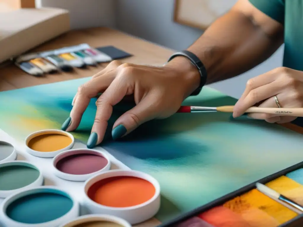 Un artista uruguayo pinta con detalle en un estudio soleado rodeado de materiales artísticos de alta calidad, reflejando creatividad y concentración