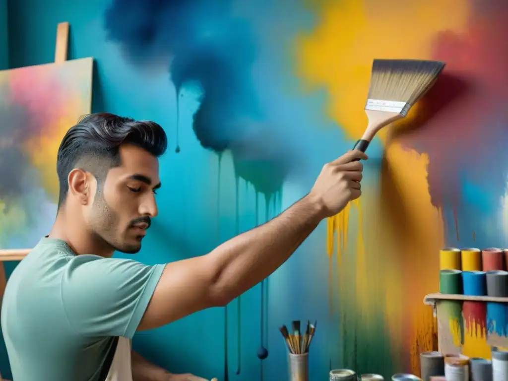 Un artista uruguayo pintando con pasión y detalle en lienzo, rodeado de colores y herramientas artísticas