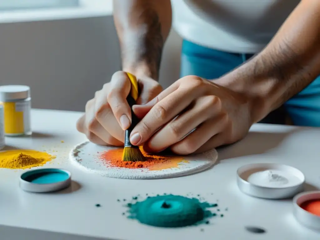 Artista uruguayo emergente mezclando colores vibrantes en paleta, reflejando pasión y concentración