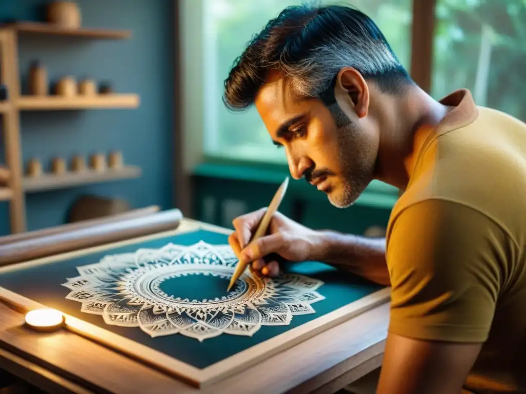 Un artista uruguayo experto grabando con herramientas de grabado arte uruguayo en un estudio lleno de luz natural