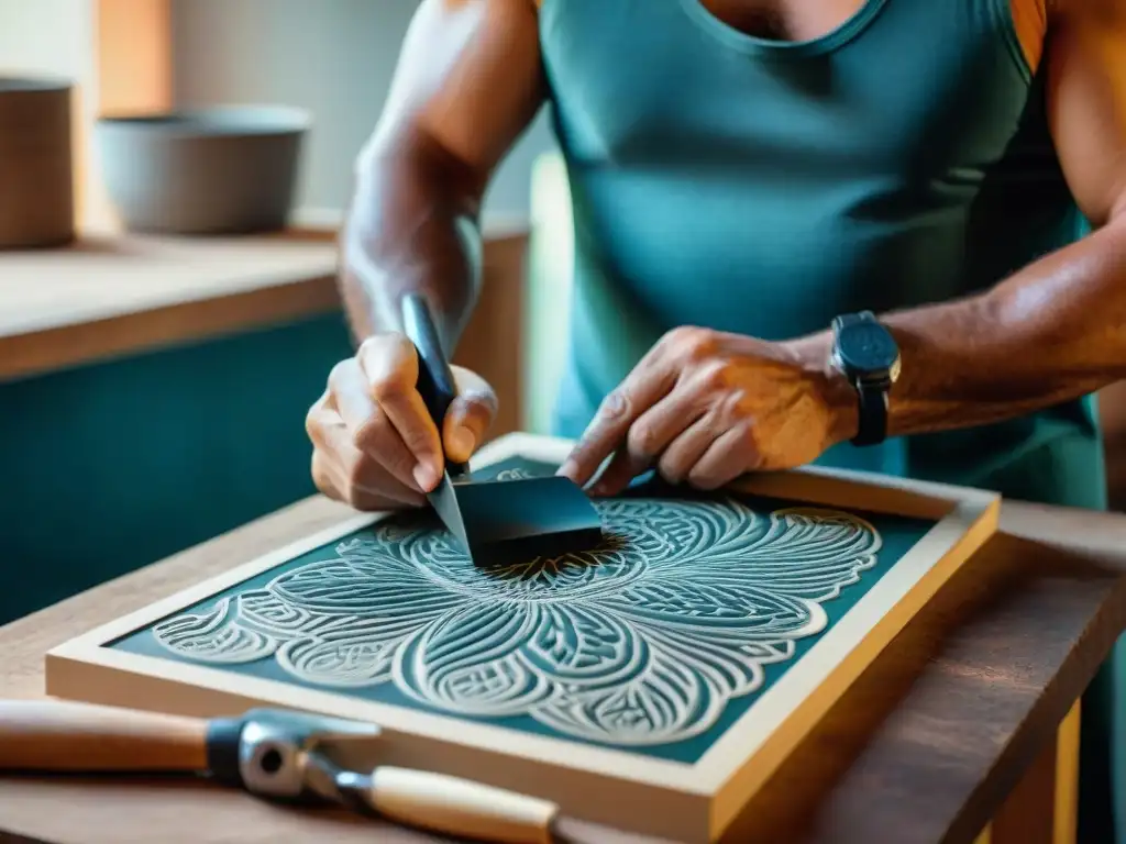 Artista uruguayo del grabado contemporáneo tallando con precisión en una plancha, mostrando destreza y concentración en su taller