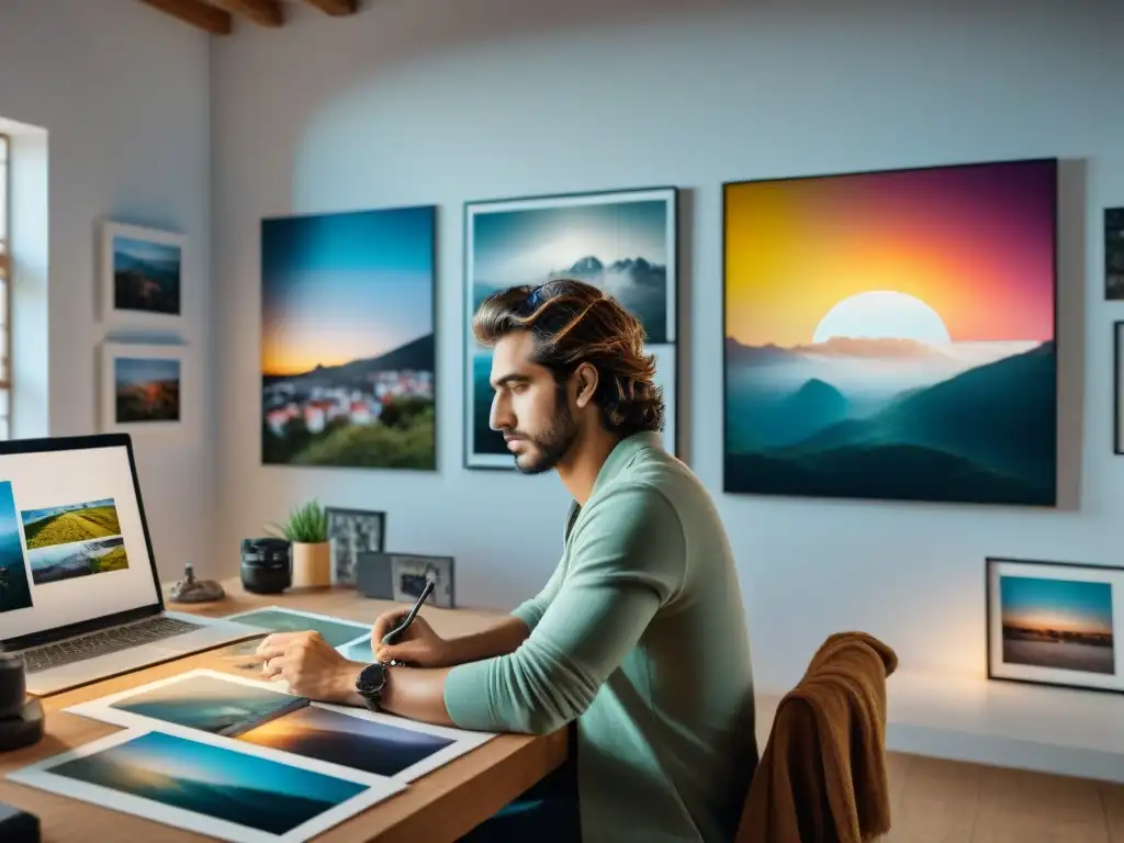 Un artista uruguayo inmerso en desafíos de fotografía en un estudio moderno, lleno de creatividad y dedicación