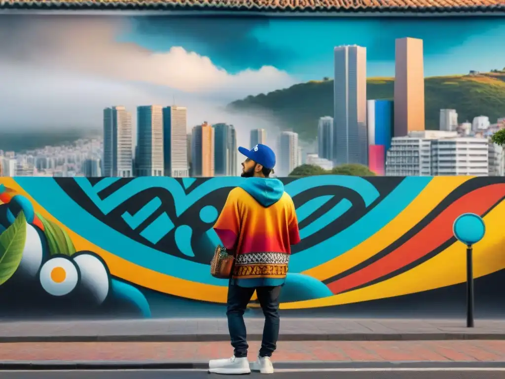 Artista indígena uruguayo crea mural vibrante fusionando símbolos tradicionales con grafiti urbano en la ciudad