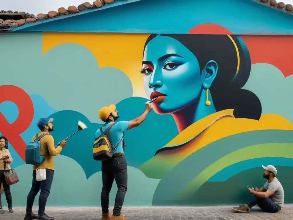 Un artista uruguayo pintando un mural vibrante, rodeado de admiradores, reflejando las técnicas de pintura contemporánea uruguaya