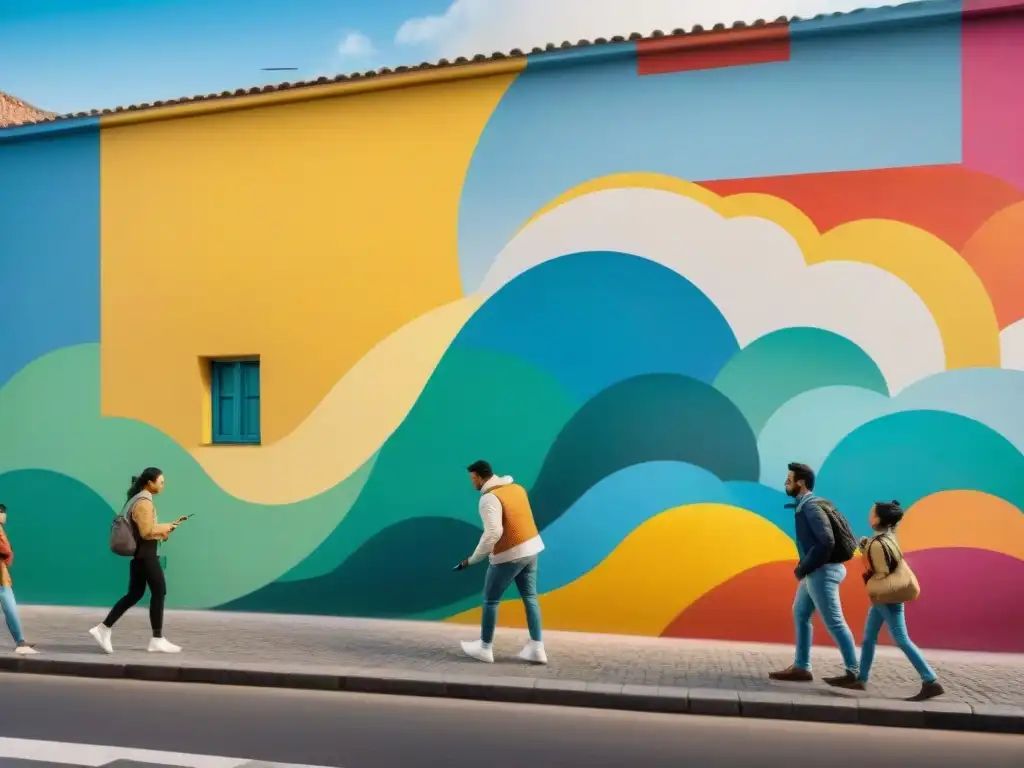 Un artista uruguayo colabora con niños en un mural, reflejando creatividad y unidad en el arte callejero de Uruguay