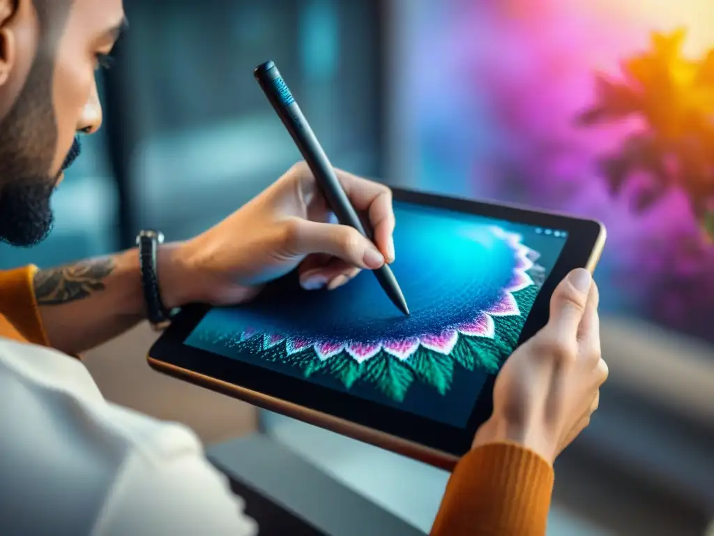 Un artista uruguayo crea una obra digital vibrante con una tableta, mostrando detalles e colores intensos y la creatividad en acción