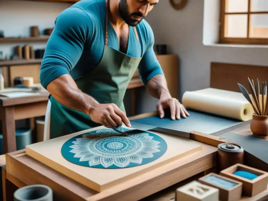 Artista uruguayo tallando una plancha de grabado rodeado de herramientas tradicionales y modernas