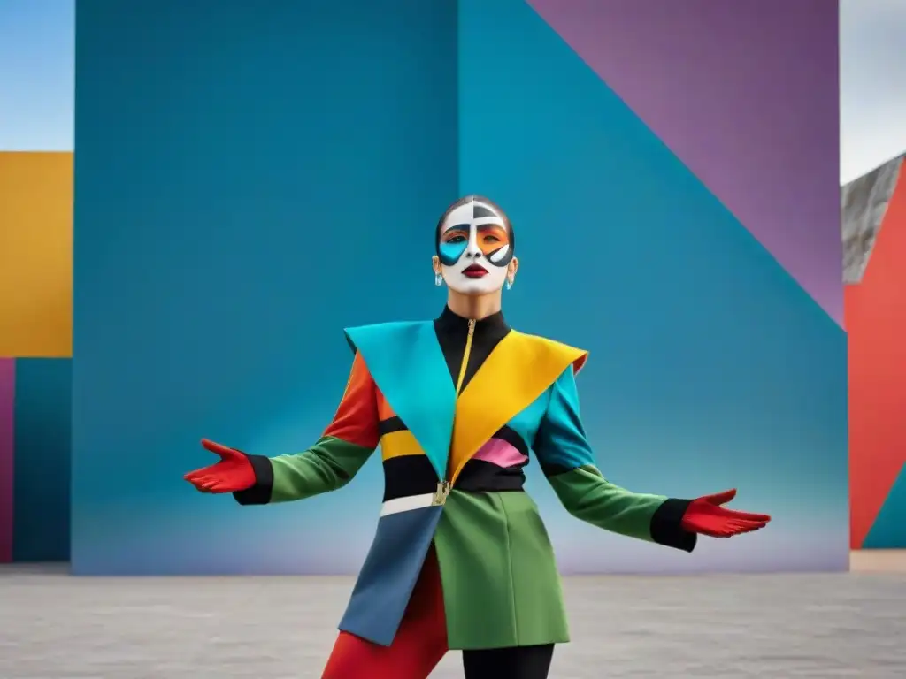 Artista en vibrante performance de arte contemporáneo en Uruguay, con traje geométrico colorido y pose dinámica