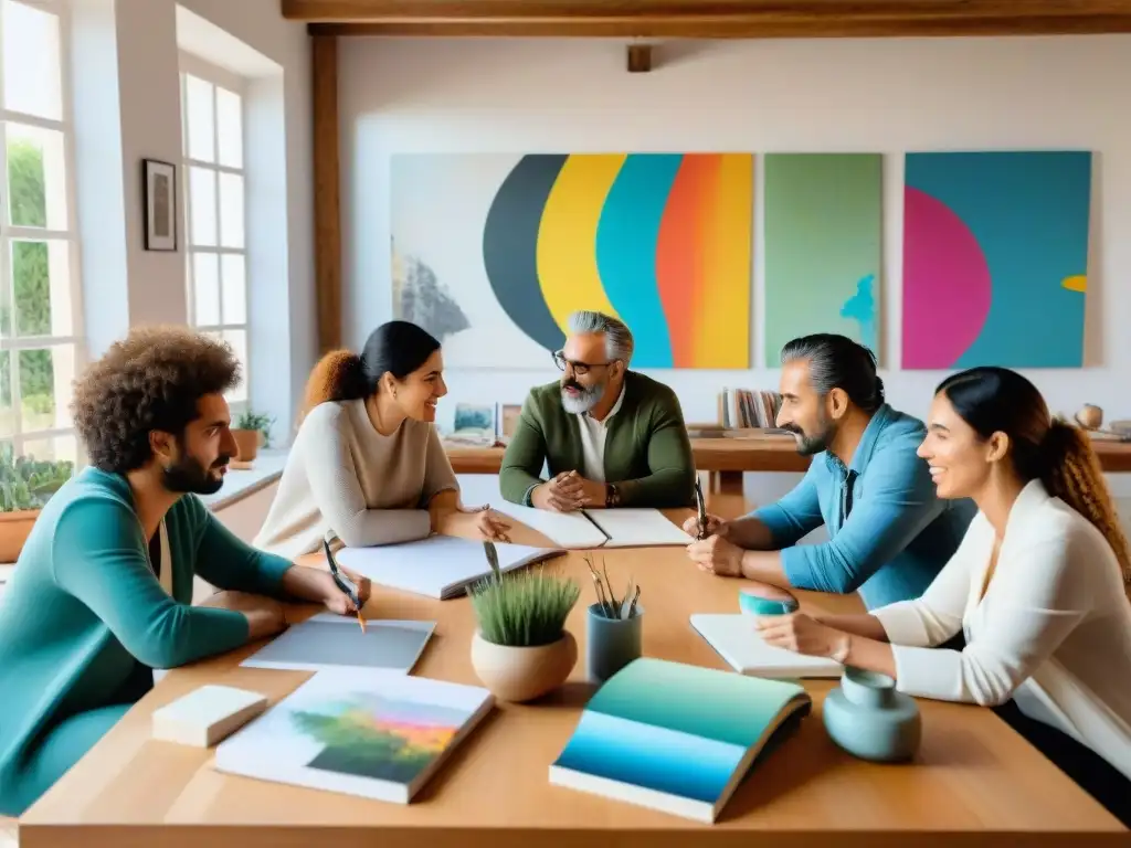 Artistas apasionados de Uruguay en reunión creativa, buscando financiamiento colectivos artísticos Uruguay