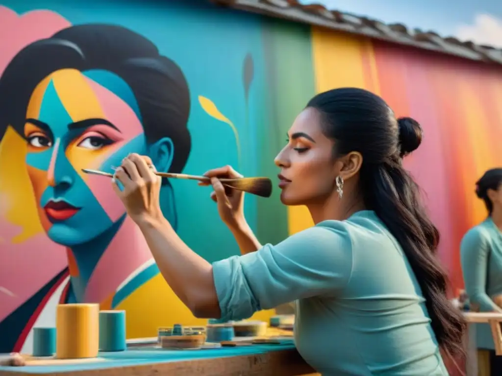 Artistas colaborando con pasión en un mural en talleres de arte en Uruguay