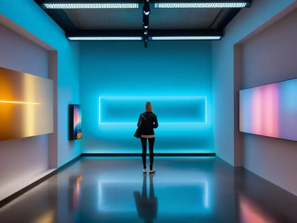 Instalación artística futurista con hologramas interactivos de arte contemporáneo en galería de arte uruguaya con tecnologías innovadoras