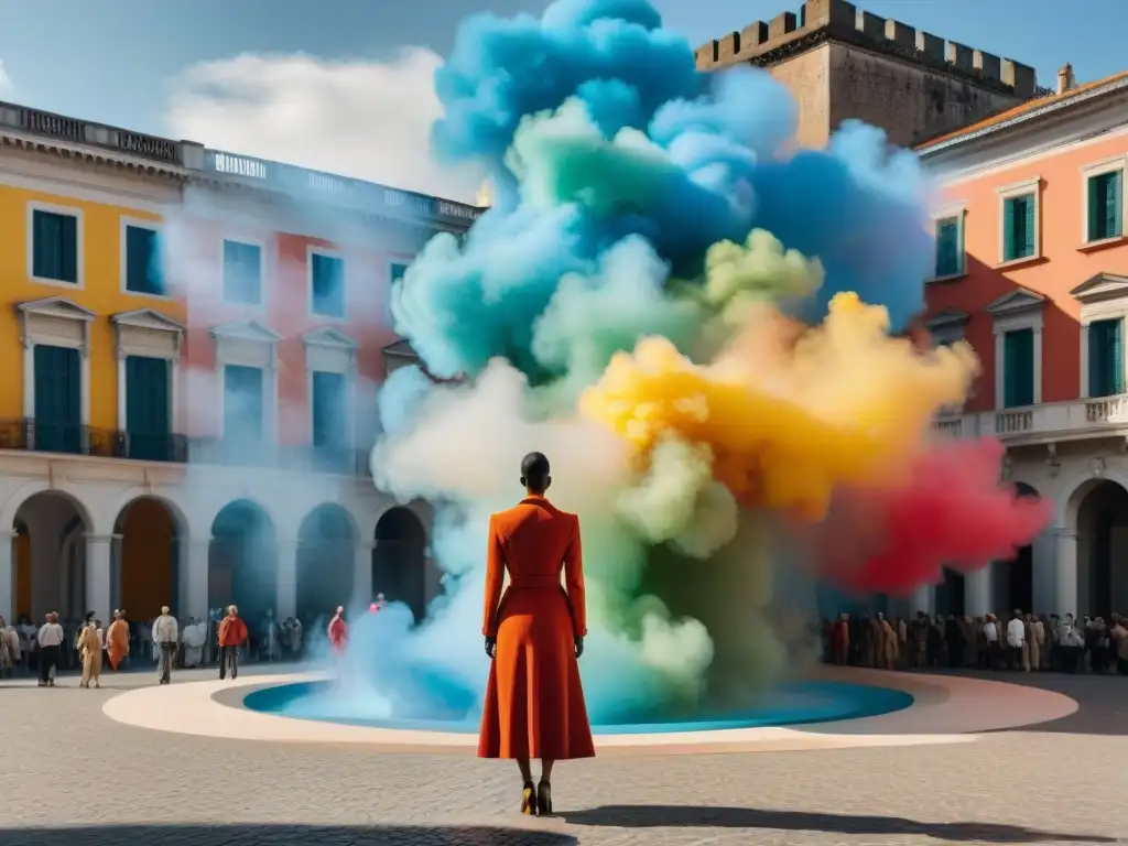 Instalación artística vibrante en plaza urbana de Uruguay, fusionando colores primarios y arquitectura histórica