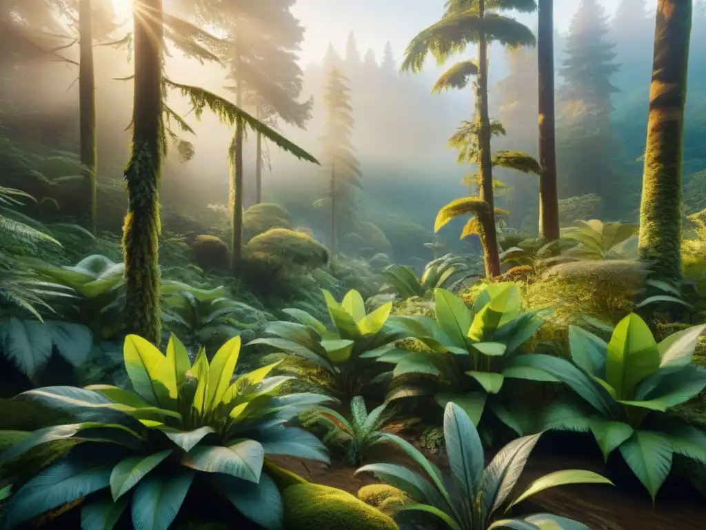 Bosque exuberante al atardecer: detalle y color en la naturaleza Un asombroso arte digital que muestra un exuberante bosque con diversa flora y fauna bajo la luz dorada de un atardecer