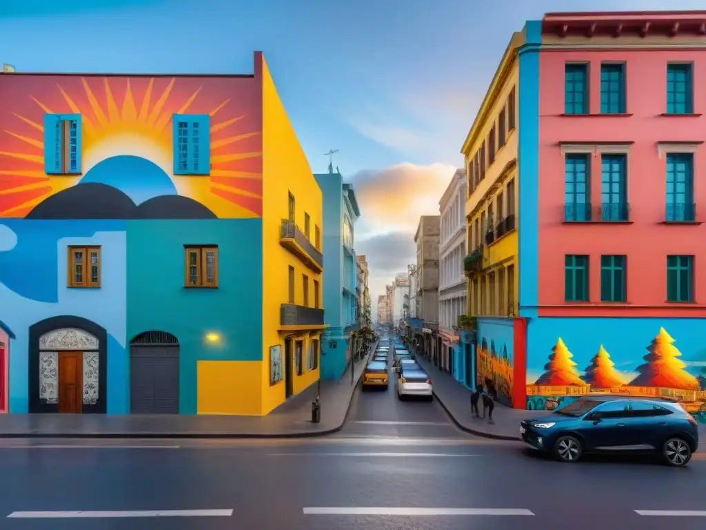 Un atardecer cálido ilumina murales vibrantes en una calle de Montevideo, Uruguay, creados por colectivos artísticos uruguayos en espacios públicos