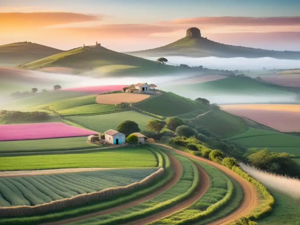 Un atardecer dorado sobre un campo rural en Uruguay, con un granjero solitario llevando productos frescos