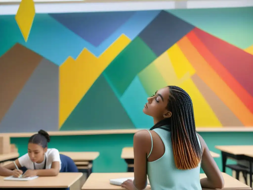 Un aula llena de color y creatividad con estudiantes uruguayos inmersos en arte contemporáneo, transformando la educación