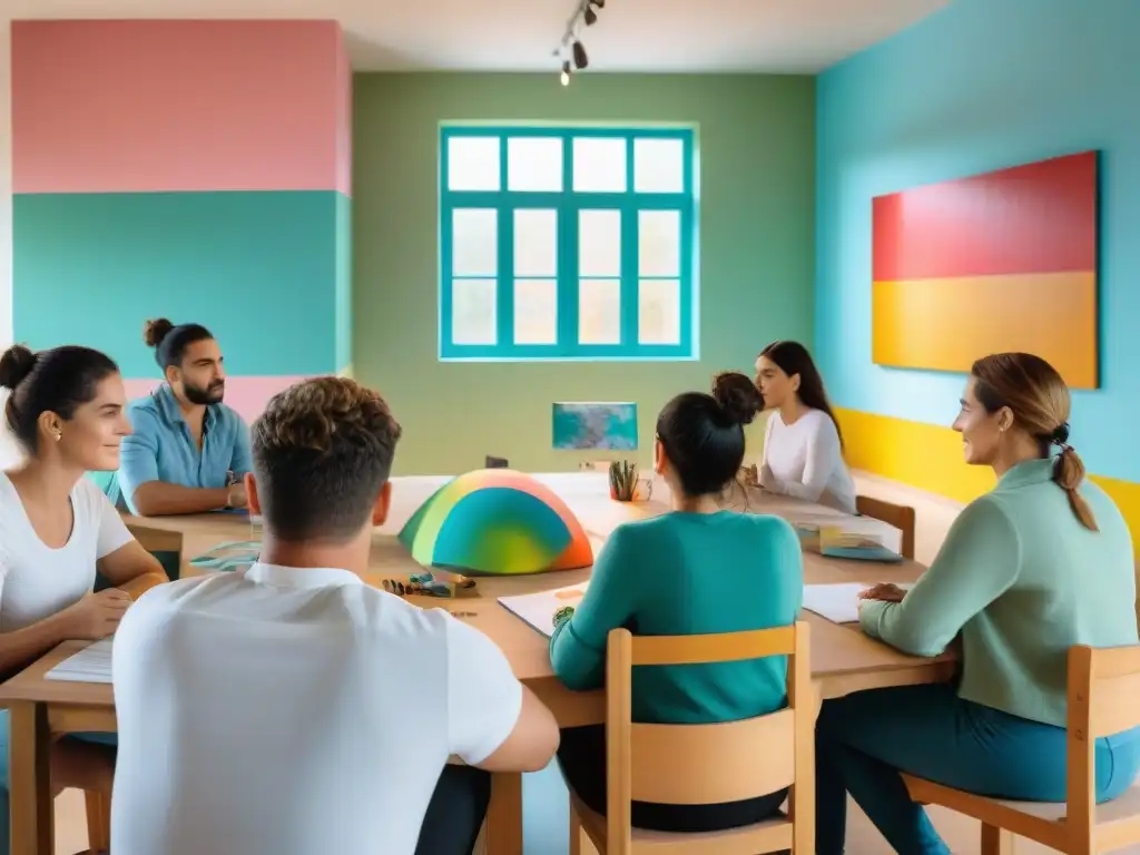 Un aula vibrante y dinámica en Uruguay, donde estudiantes colaboran y crean en proyectos de arte contemporáneo junto a un educador entusiasta