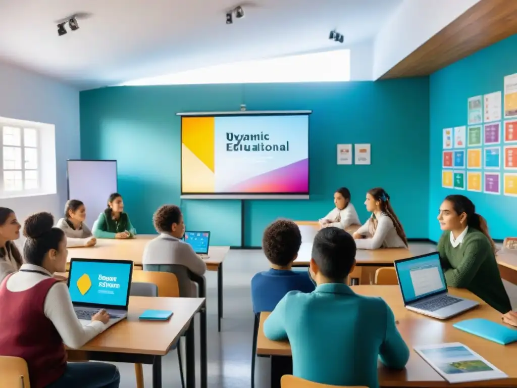 Un aula vibrante en Uruguay con estudiantes participando en programas educativos visuales