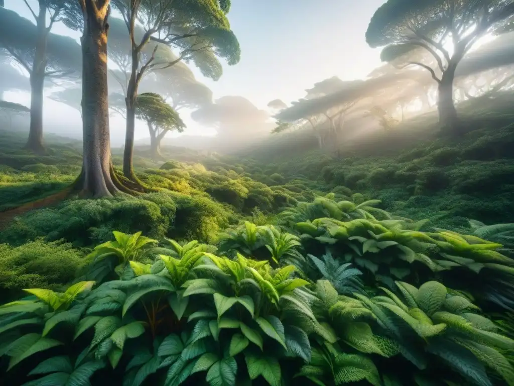 Un bosque exuberante y vibrante en Uruguay, donde la luz del sol ilumina la biodiversidad