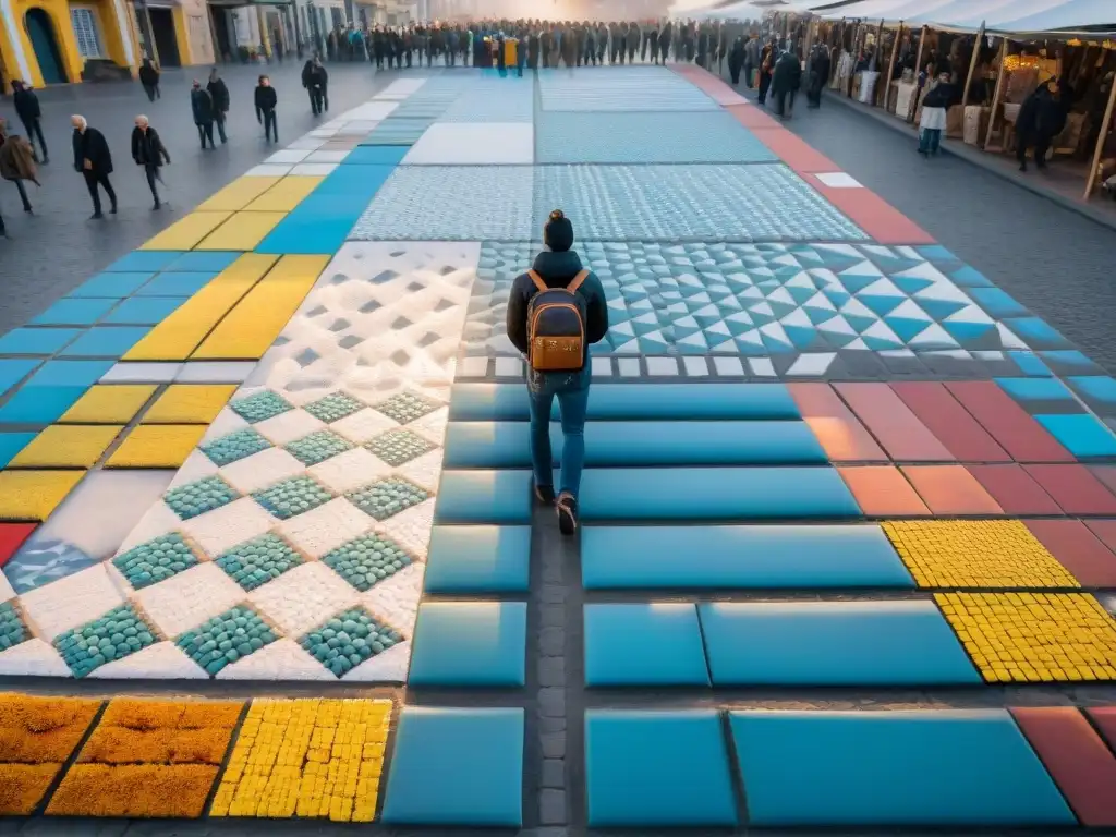 Brillante mosaico de arte contemporáneo en plaza pública de Uruguay, reflejando la diversidad cultural de la comunidad