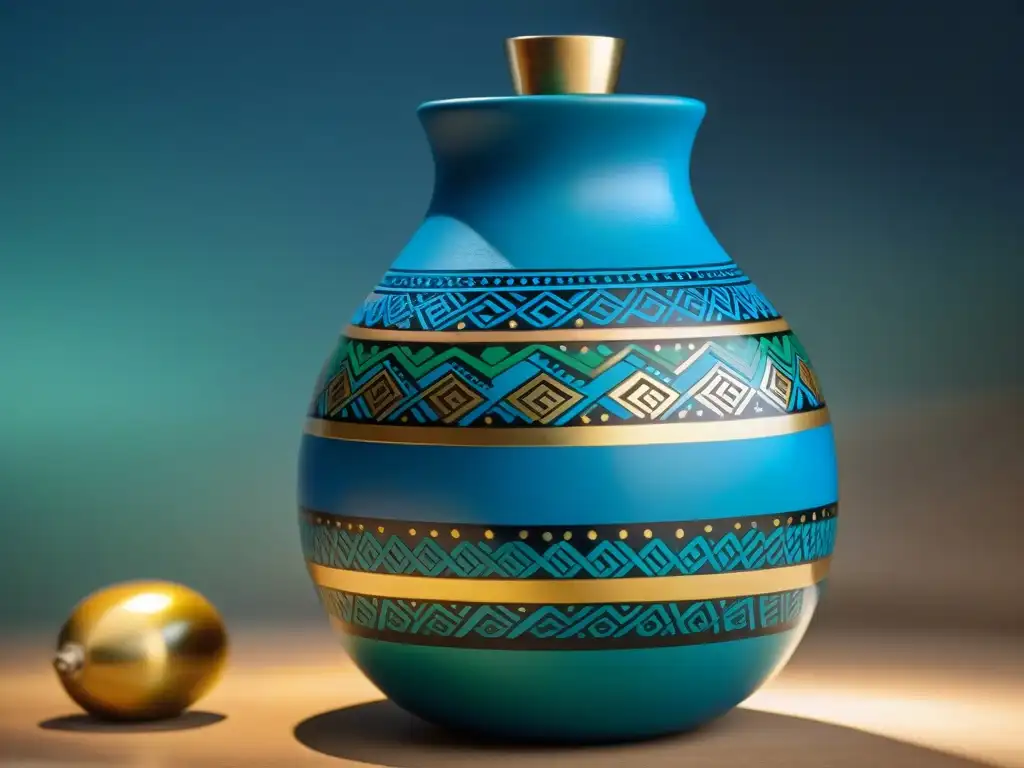 Una calabaza de mate uruguaya con patrones geométricos contemporáneos en tonos vibrantes de azul, verde y dorado