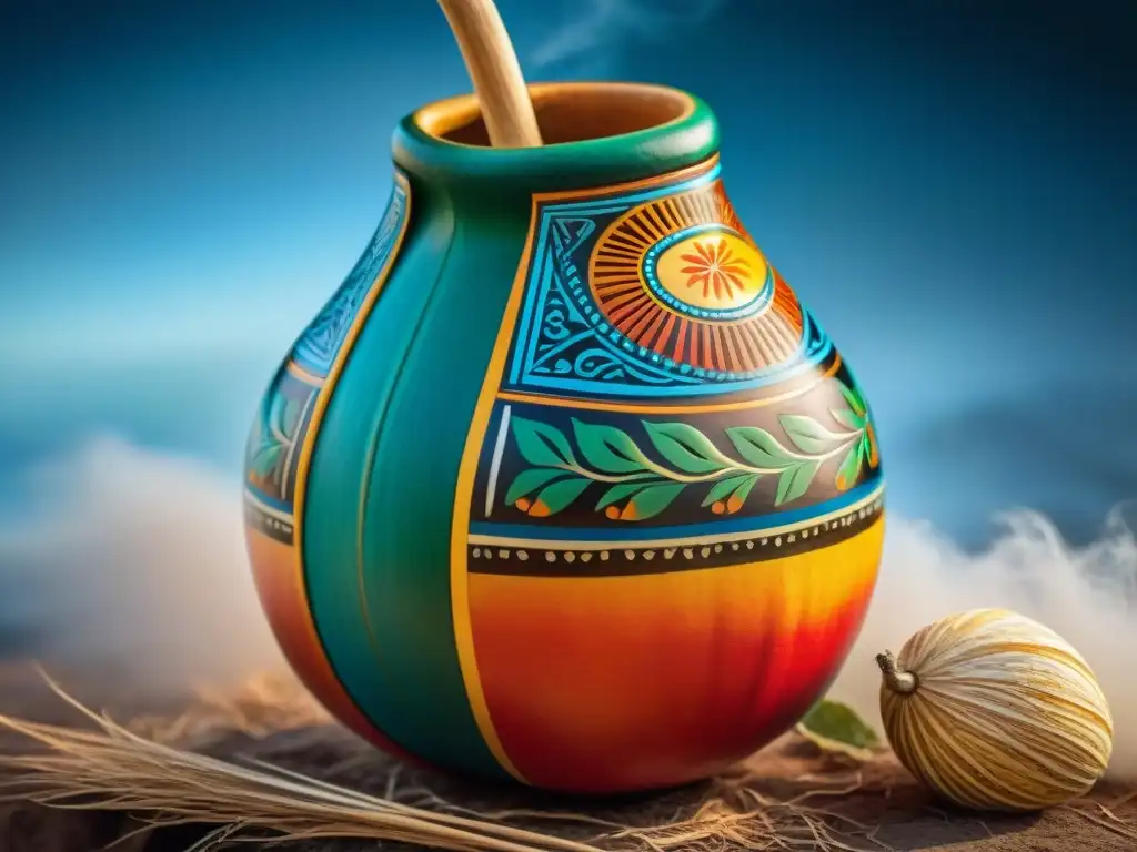 Una calabaza de mate uruguaya tradicional bellamente decorada con diseños pintados a mano, representando la esencia artística de Uruguay