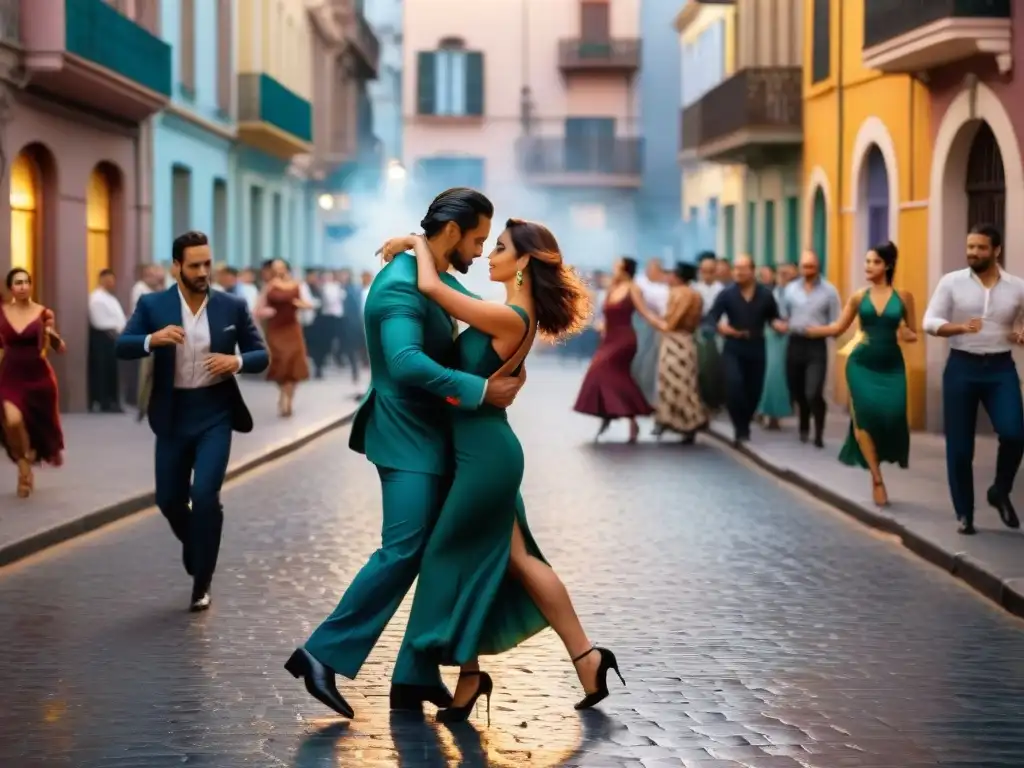 Una calle de Montevideo con gente bailando tango, fusionando historia y evolución del tango uruguayo