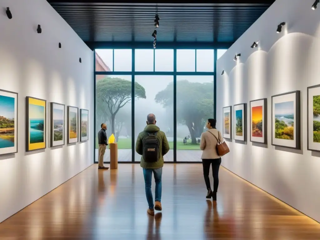 Centro cultural en Uruguay con arte contemporáneo vibrante y diverso, visitantes admirando obras de arte abstracto y esculturas coloridas