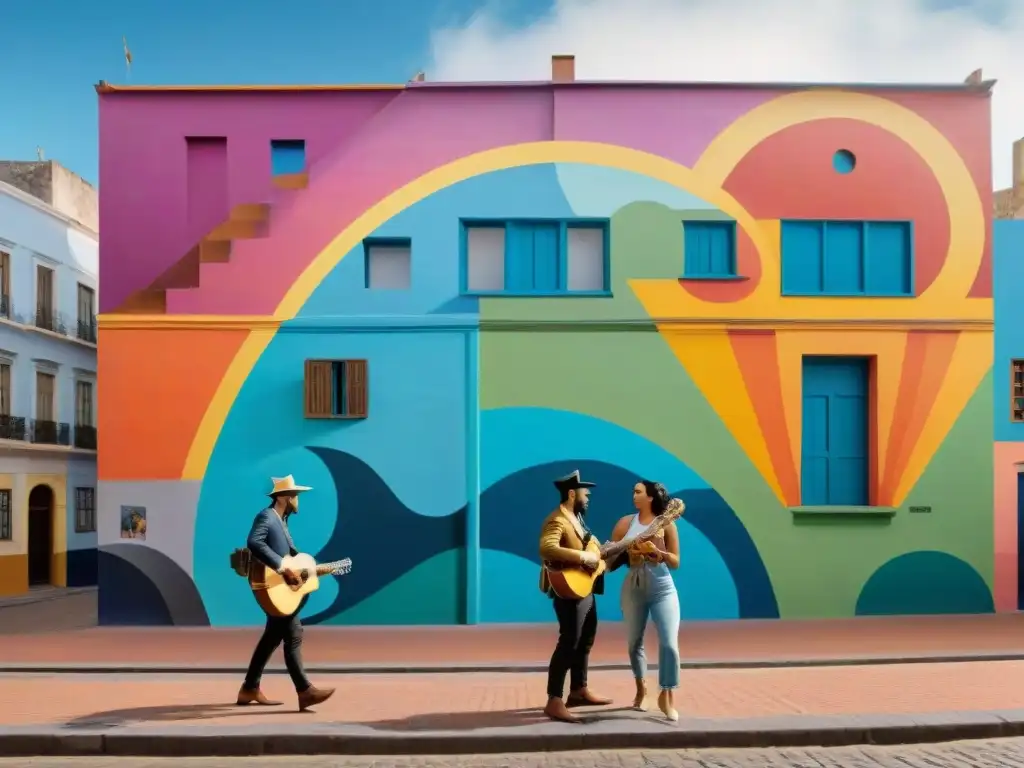 Colaboraciones artísticas en Uruguay: Dos artistas crean un mural vibrante con símbolos culturales uruguayos ante un público admirador en Montevideo